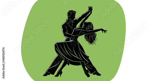 Dynamic couple gracefully dancing tango in elegant silhouette style with flowing movement and passion