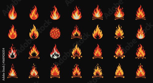 Dynamic collection of vibrant flame icons and campfire designs, perfect for digital projects