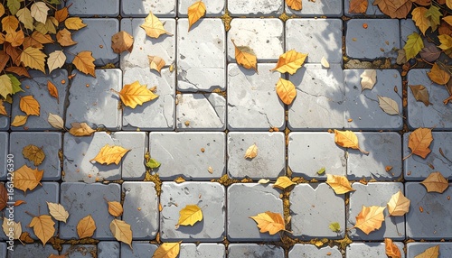 Cement paving blocks covered with leaves. Detailed high quality image.