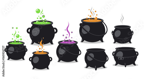 Magical bubbling cauldrons with colorful potions and swirling smoke, perfect for Halloween