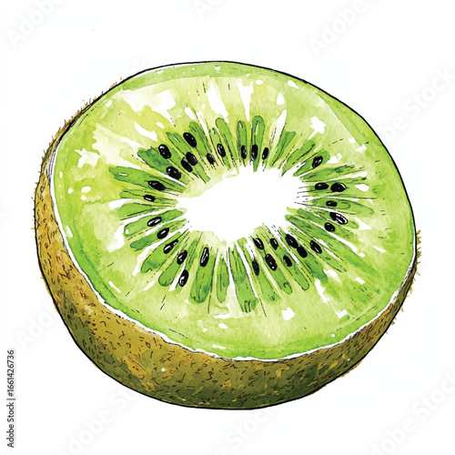 Watercolor depiction of a sliced kiwi fruit showcasing its vibrant green flesh