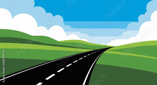 Embark on adventure down this scenic open road through rolling green hills under a bright blue sky.