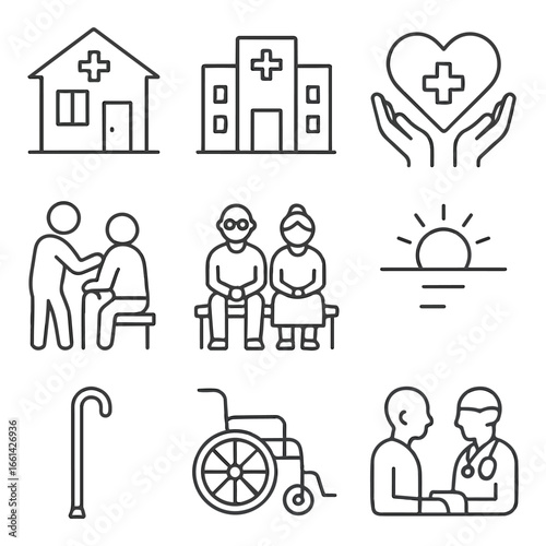 "Elderly Care Icons Set – Medical Support, Nursing Home and Senior Health Vector"