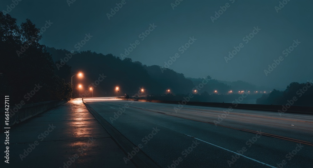 Obraz premium Foggy night highway with muted lights