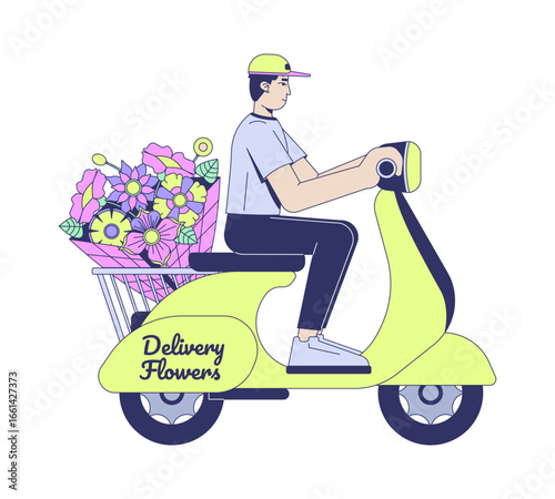 Bouquet delivery courier riding scooter 2D cartoon character. Floral service. Fast gift deliver caucasian man driving moped flowers flat vector person isolated on white. Spot illustration colorful