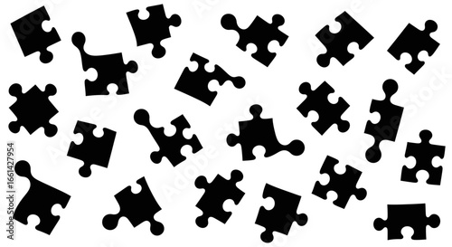 Scattered black puzzle pieces create a visually engaging pattern perfect for problem-solving concepts