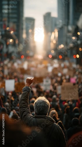 Uprising of Hope: A single person raises their fist in a symbolic gesture of protest, rallying a multitude of people amidst a backdrop of urban skyscrapers, demonstrating unity in a call for change. 