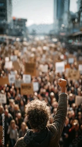 Power to the People: A sea of faces, a raised fist, a symbol of unity and defiance. Captured from a low angle, the image powerfully conveys the collective strength of a movement.
