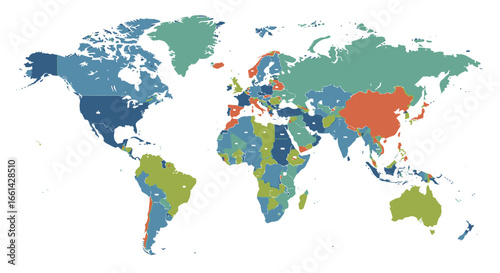 Colorful world map displaying countries in distinct hues for global analysis and data visualization