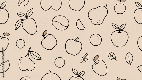 Hand-drawn fruit pattern illustration featuring various fruits like apples, pears, and peaches on a soft beige background, perfect for textile design and creative projects