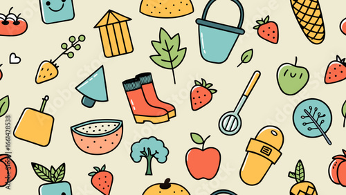 Colorful flat illustration featuring various gardening tools, fruits, and vegetables arranged in a playful pattern, showcasing a vibrant and cheerful gardening theme