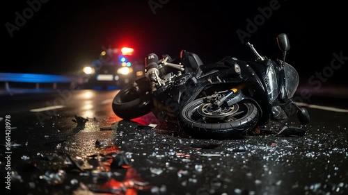 Nighttime Motorcycle Crash on Wet Asphalt Road