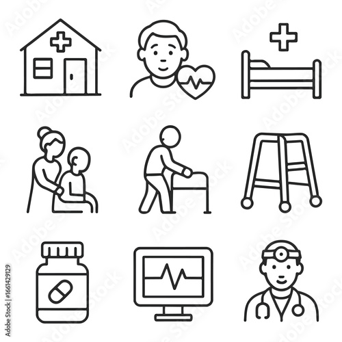 Elderly Support Medical Line Icons – Caregiver, Physiotherapy, Hospital Vector Set