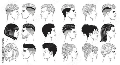 Diverse modern hairstyles showcase sophisticated men's cuts and elegant women's styles