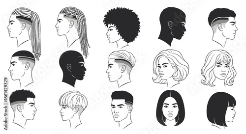 Diverse stylish hairstyles showcase modern trends and classic looks for men and women in clean line art