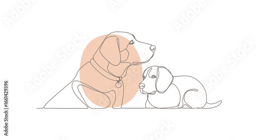 Charming single line art shows two adorable dogs sitting together, conveying warmth and companionship.