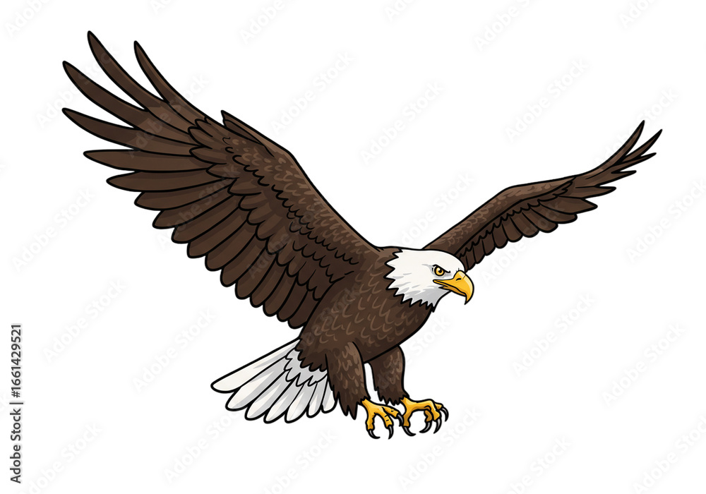 Obraz premium Cartoon Bald Eagle Flying with Spread Wings png, isolated on transparent background