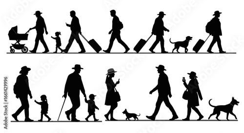 Dynamic silhouette crowd of people walking with luggage, children, and pets on white background