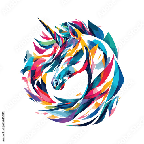 Vibrant abstract watercolor unicorn head with flowing colorful mane