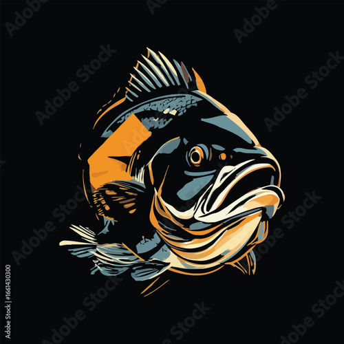 Close up illustration of a predatory bass fish with open mouth and sharp teeth