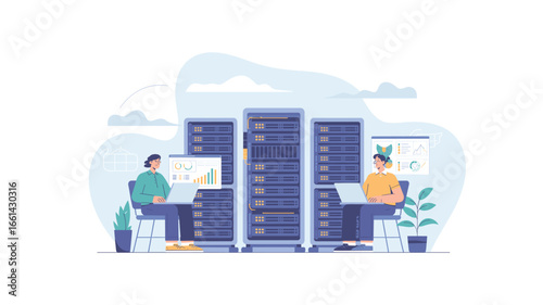 Data Center Management: IT Professionals Monitoring Servers and Analyzing Network Performance, Ensuring Security and System Reliability for Cloud Computing and Data Storage