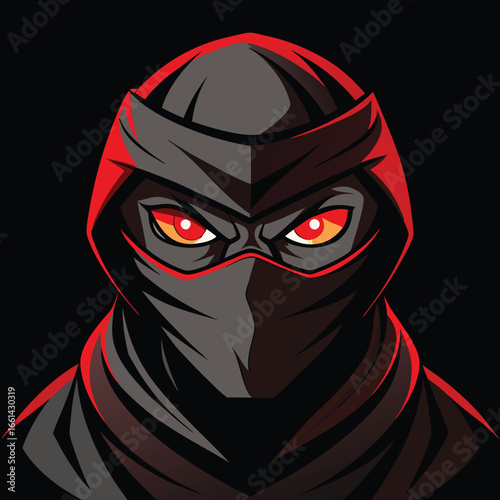 Vector illustration of a ninja mask with red eyes isolated on black background.