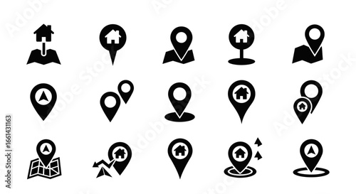 A collection of fifteen black and white map pointer icons, each with a slightly different design, some featuring houses.
