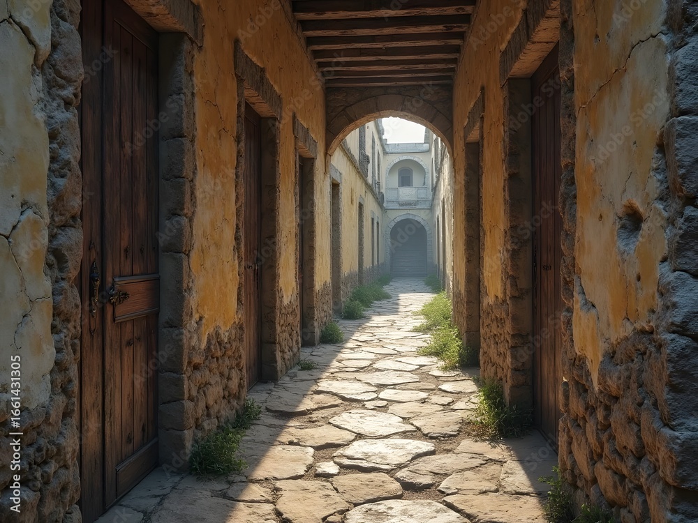 Obraz premium Rustic Passageway with Wooden Doors: A narrow rustic passage lined with old wooden doors, textures of history in every corner.