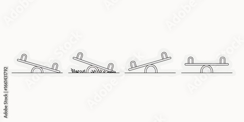 Seesaw positions illustration in various states of balance and motion depicting playground equipment in a simplistic design