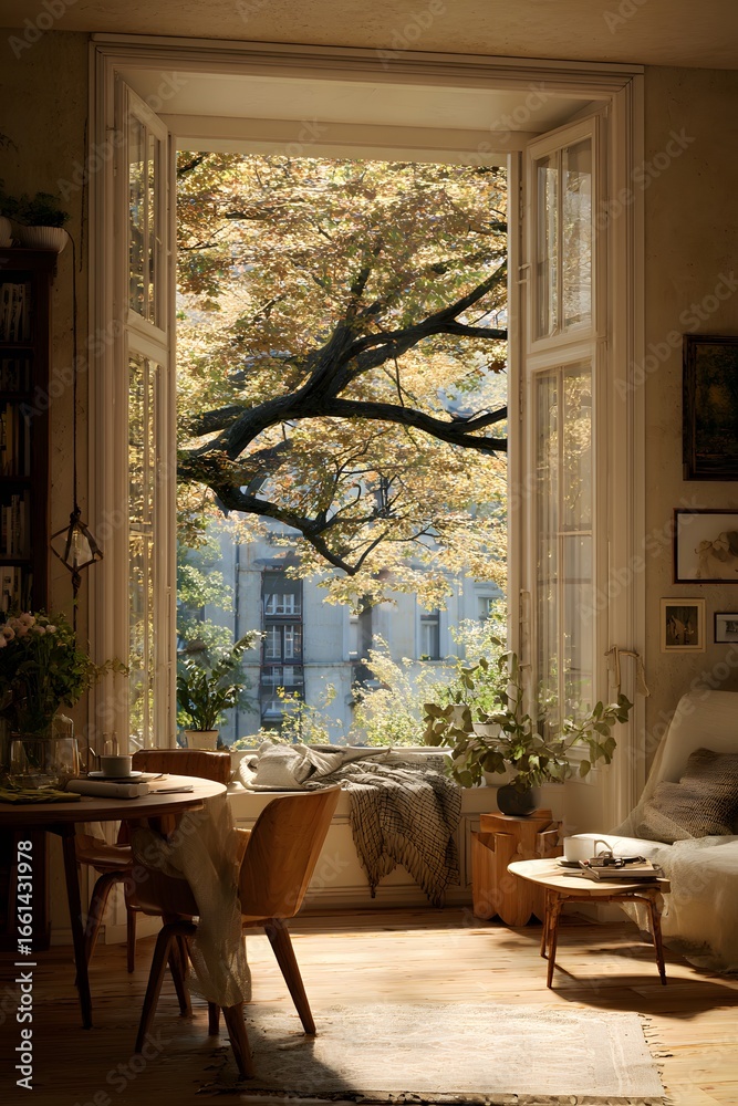 Fototapeta premium Cozy wooden interior with natural light and window seat