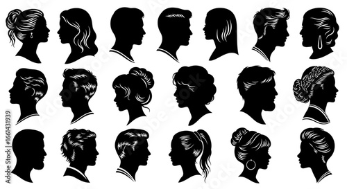 Silhouetted portraits of diverse individuals, showcasing various hairstyles and profiles in black.