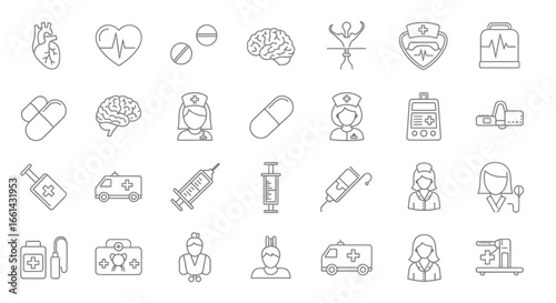 Modern medical icons representing health, science, and care for professional use