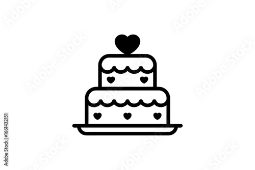 Elegant Two Tier Wedding Cake Icon with Heart Topper Perfect for Invitations and Celebrations in Minimalist Black and White Design