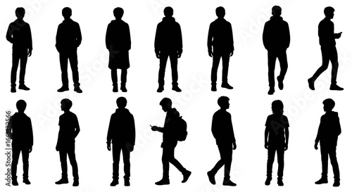 Diverse male silhouettes showcase modern casual style and active poses for design projects