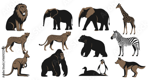 Collection of various wildlife animals, including mammals, in a detailed illustration style.