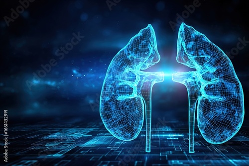 Visualization of human kidneys in a futuristic digital environment highlighting renal function and health awareness
