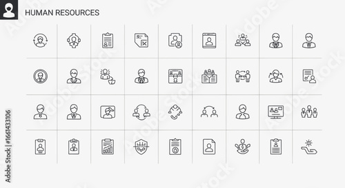 A collection of outlined human resources icons, representing various aspects of employment and management.