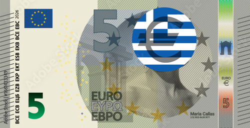 Vector fictional banknote in style of European Union. Note of 5 euros with portrait of Maria Callas. Opera singer. Money of Europe. Five. Obverse of bill. New project 2026