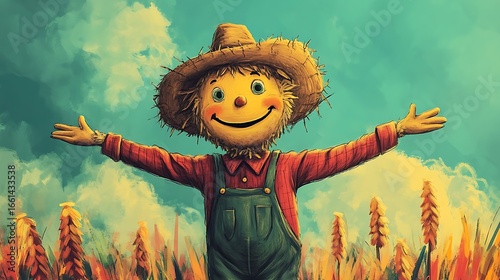 Smiling scarecrow in a golden field