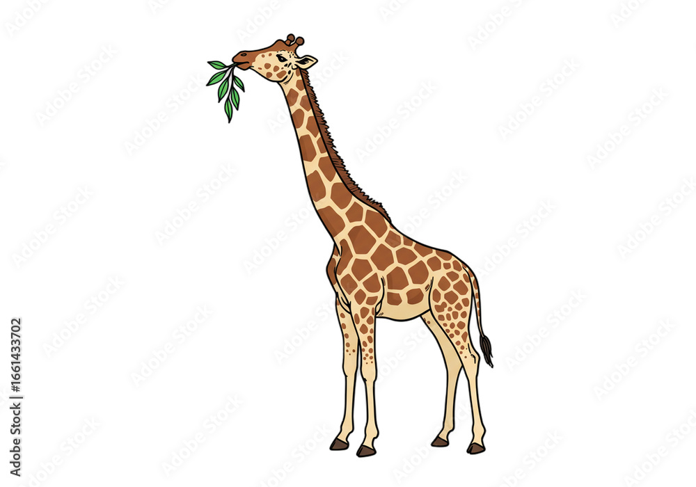 Naklejka premium Cartoon Giraffe Eating Leaves Illustration on Black Background png, isolated on transparent background
