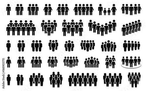 People group icons. Multiple people in groups, couples, families, crowds. Concept of society, teamwork, connection. Universal minimal pictograms for apps, infographics, presentations. Vector set