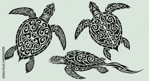 Tribal sea turtle tattoo design, graceful marine animal art, oceanic spirit symbol, black and white elegant creature