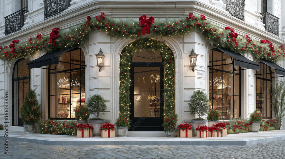 Fototapeta premium Elegant storefront decorated for Christmas, wide perspective, festive urban vibe.