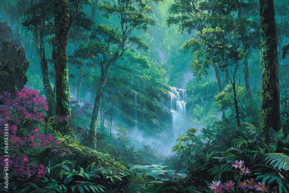 Fototapeta premium Lush tropical forest scene with waterfall
