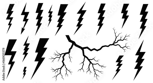 A collection of black and white vector illustrations depicting various lightning bolt shapes and a tree branch silhouette.