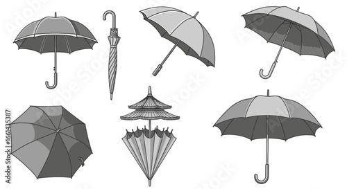 Various illustrations of umbrellas showcasing different angles, open and closed, isolated on white.