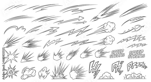 Collection of dynamic comic book speed lines, explosions, and sound effects, all in black and white.