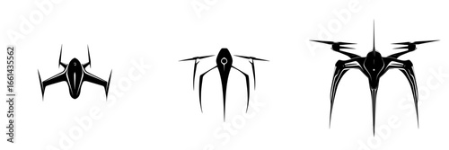 Different designs of futuristic drones showcasing sleek shapes and advanced technology in a minimalistic style