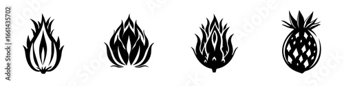 Modern black and white illustrations of four pineapple variations showcasing unique designs and artistic flair