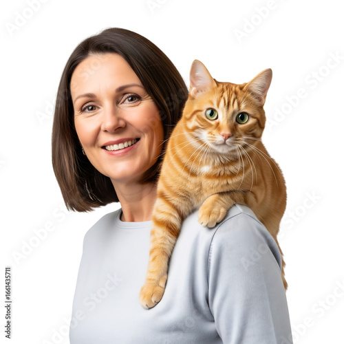 Smiling woman with an orange tabby cat on her shoulder, isolated on transparent background